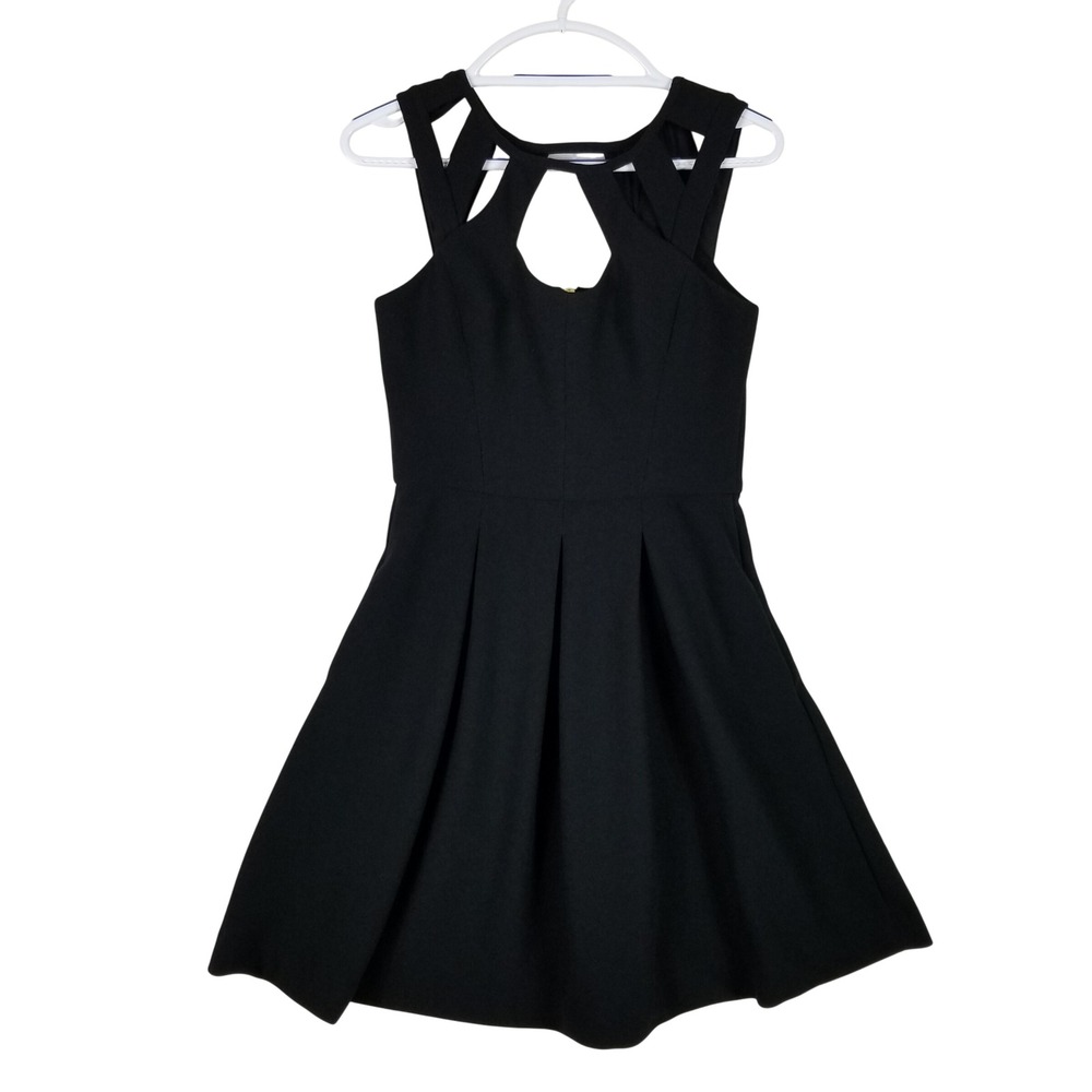 Betsey Johnson Dress Women 6 Black Cage Neck Cutout Fit Flare Skater Gold Zip